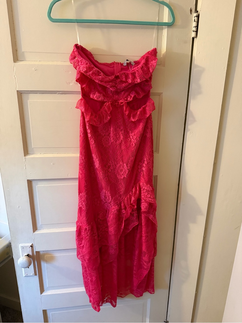 Strapless Ruffled Lace Midi Dress in Hot Pink